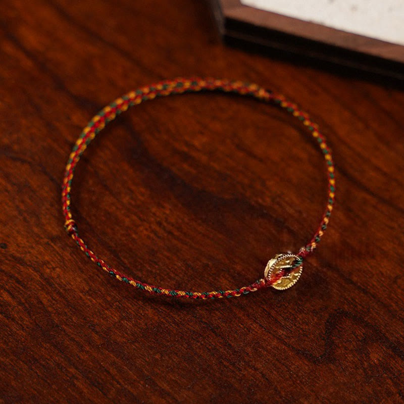 Buddha Stones Handmade Copper Coins Charm Connection Braided String Adjustable Bracelet Anklet