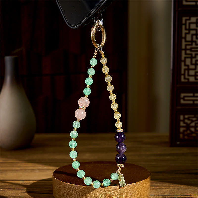 Buddha Stones Green Strawberry Quartz Citrine Queen Charm Calm Key Chain Phone Hanging Decoration