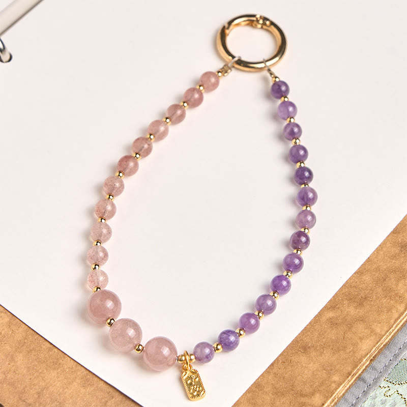 Buddha Stones Strawberry Quartz Amethyst Happiness Healing Key Chain Phone Hanging Decoration