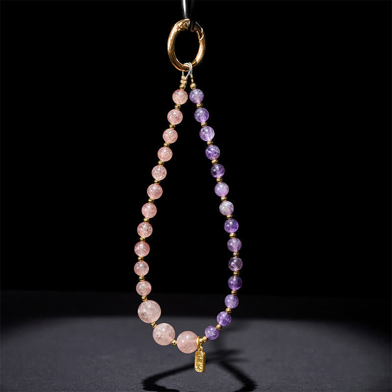 Buddha Stones Strawberry Quartz Amethyst Happiness Healing Key Chain Phone Hanging Decoration