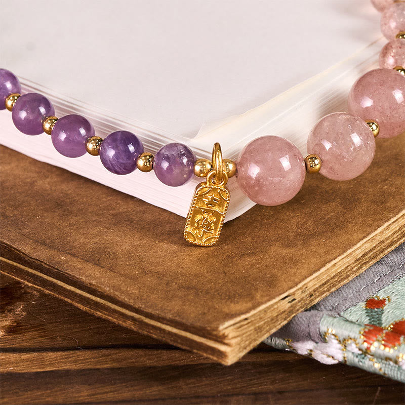 Buddha Stones Strawberry Quartz Amethyst Happiness Healing Key Chain Phone Hanging Decoration