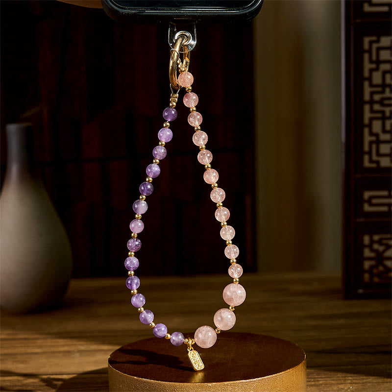 Buddha Stones Strawberry Quartz Amethyst Happiness Healing Key Chain Phone Hanging Decoration