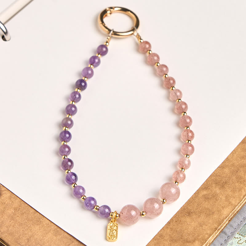 Buddha Stones Strawberry Quartz Amethyst Happiness Healing Key Chain Phone Hanging Decoration