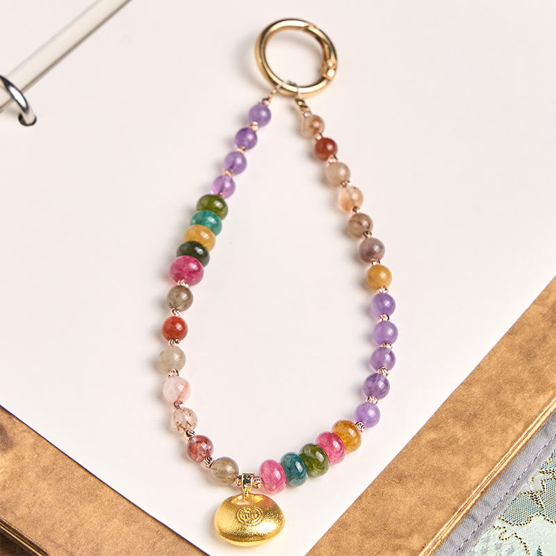 Buddha Stones Colorful Fu Character Amethyst Super Seven Crystal Key Chain Phone Hanging Decoration