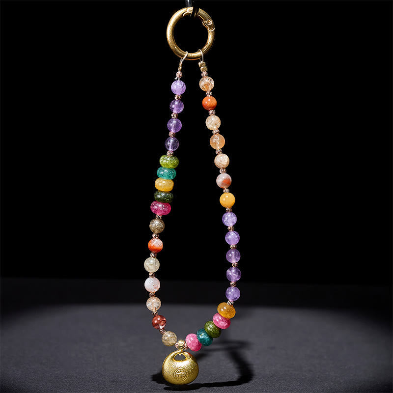 Buddha Stones Colorful Fu Character Amethyst Super Seven Crystal Key Chain Phone Hanging Decoration