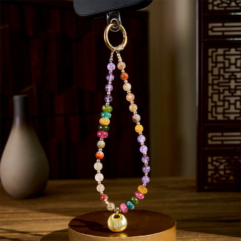 Buddha Stones Colorful Fu Character Amethyst Super Seven Crystal Key Chain Phone Hanging Decoration