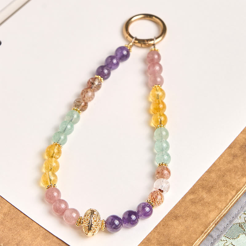EverestArtstudios 8mm Multicolored Amethyst Strawberry Quartz Balance Key Chain Phone Hanging Decoration
