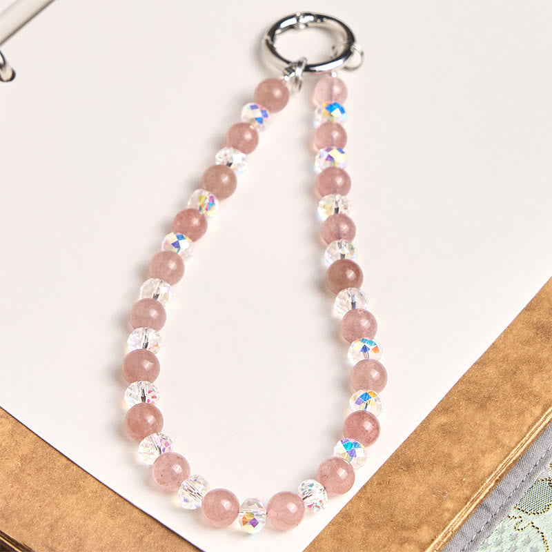 Buddha Stones Natural Strawberry Quartz Beaded Healing Key Chain Phone Hanging Decoration