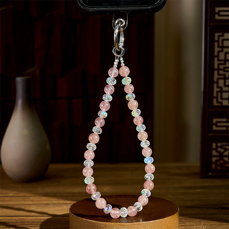 Buddha Stones Natural Strawberry Quartz Beaded Healing Key Chain Phone Hanging Decoration