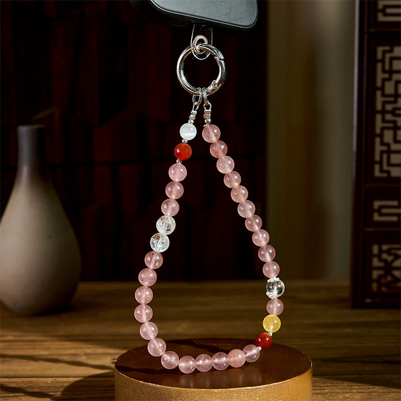 Buddha Stones 8mm Colorful Beads Strawberry Quartz Positive Key Chain Phone Hanging Decoration