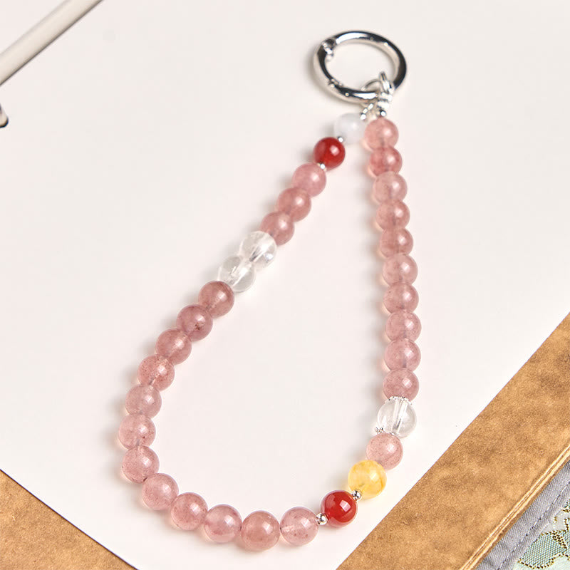 Buddha Stones 8mm Colorful Beads Strawberry Quartz Positive Key Chain Phone Hanging Decoration