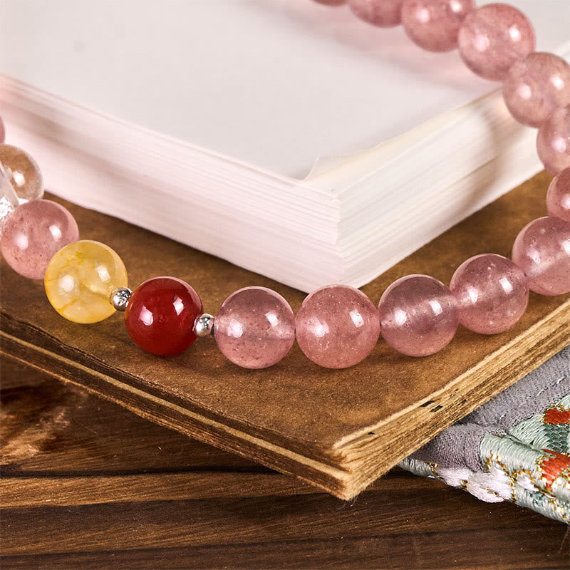 Buddha Stones 8mm Colorful Beads Strawberry Quartz Positive Key Chain Phone Hanging Decoration