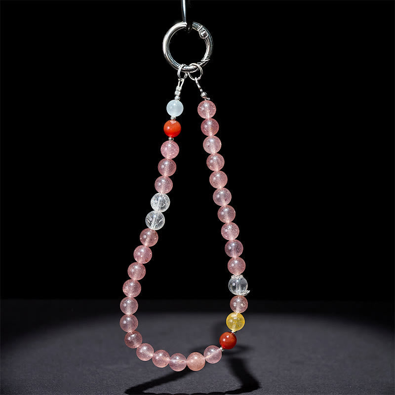 Buddha Stones 8mm Colorful Beads Strawberry Quartz Positive Key Chain Phone Hanging Decoration