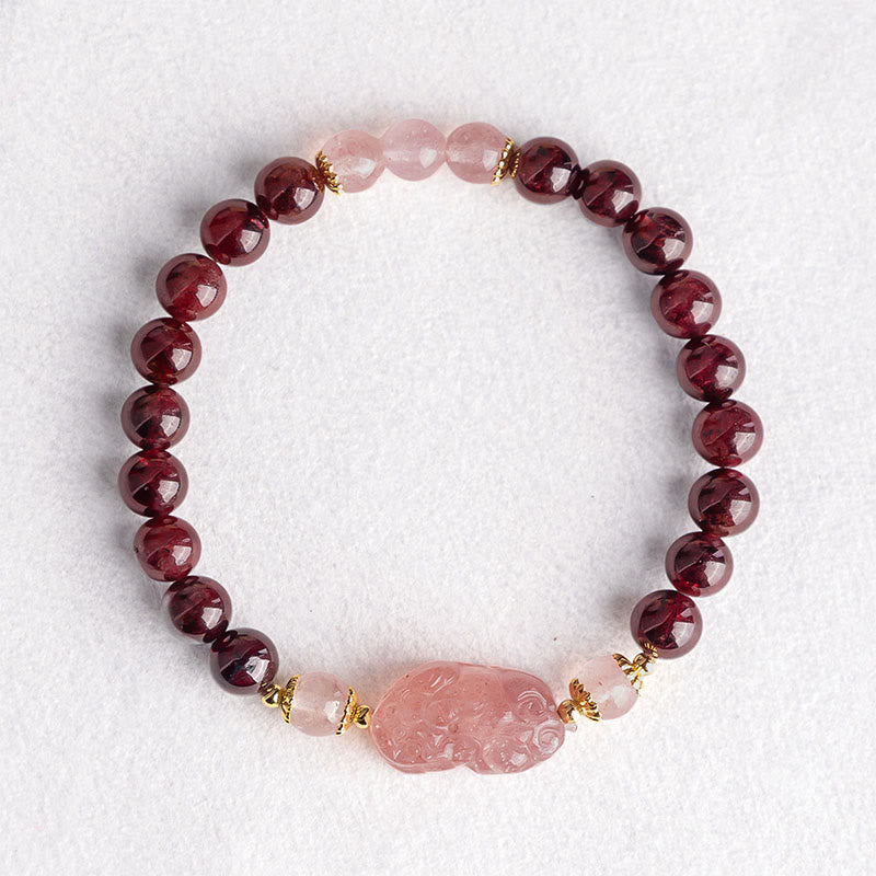 Buddha Stones Garnet Strawberry Quartz Pixiu Lucky Bracelet