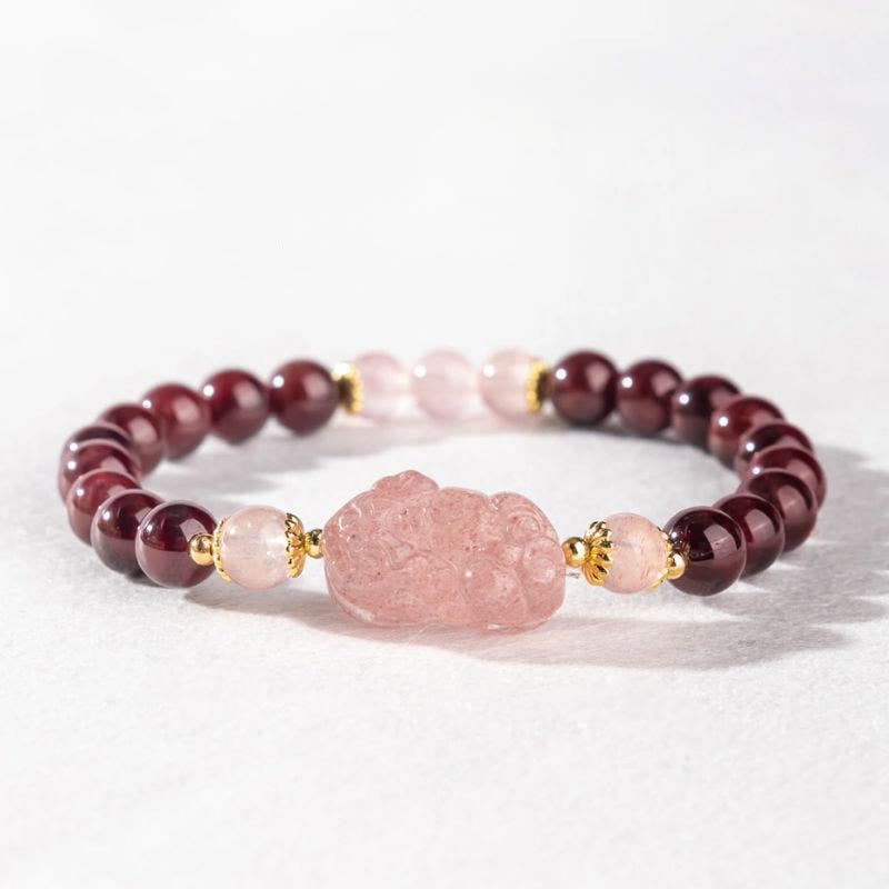 Buddha Stones Garnet Strawberry Quartz Pixiu Lucky Bracelet