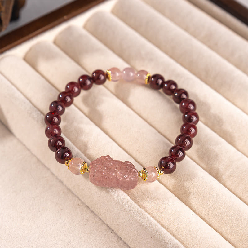 Buddha Stones Garnet Strawberry Quartz Pixiu Lucky Bracelet