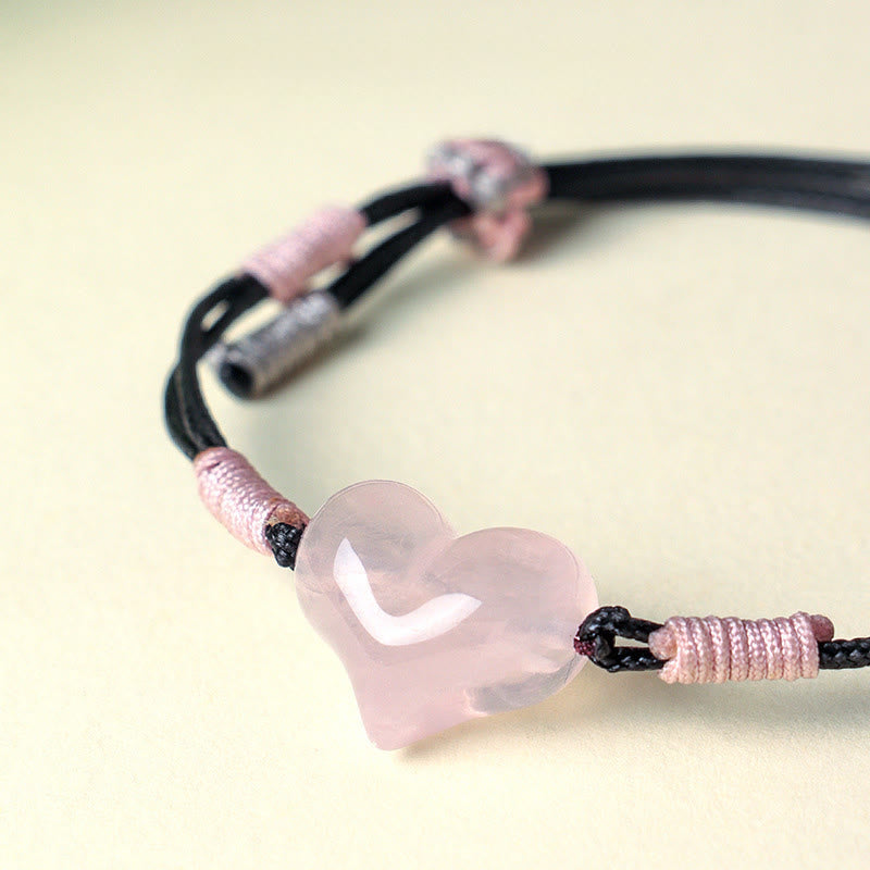 Buddha Stones Natural Heart Charm Pink Crystal Braided String Warmth Bracelet