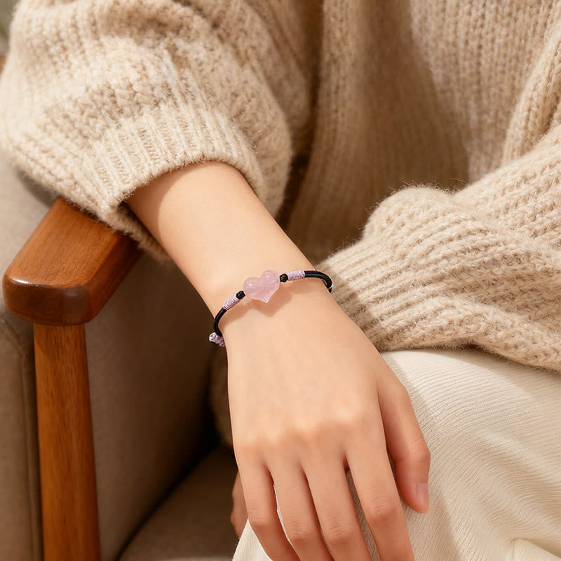 Buddha Stones Natural Heart Charm Pink Crystal Braided String Warmth Bracelet