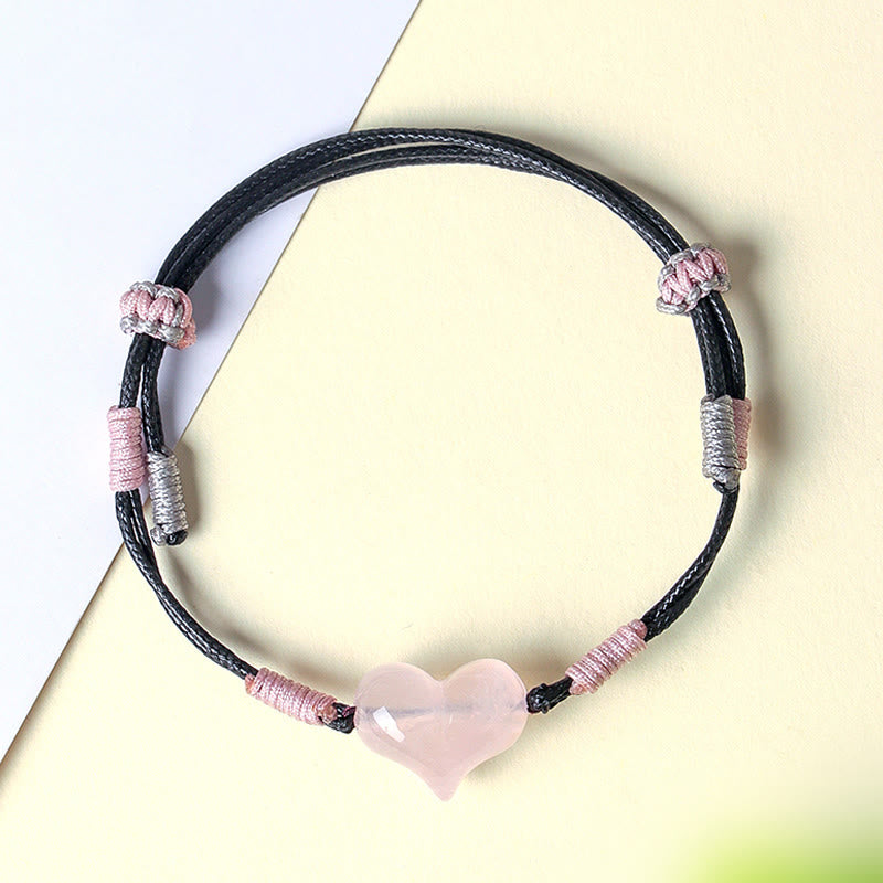 Buddha Stones Natural Heart Charm Pink Crystal Braided String Warmth Bracelet