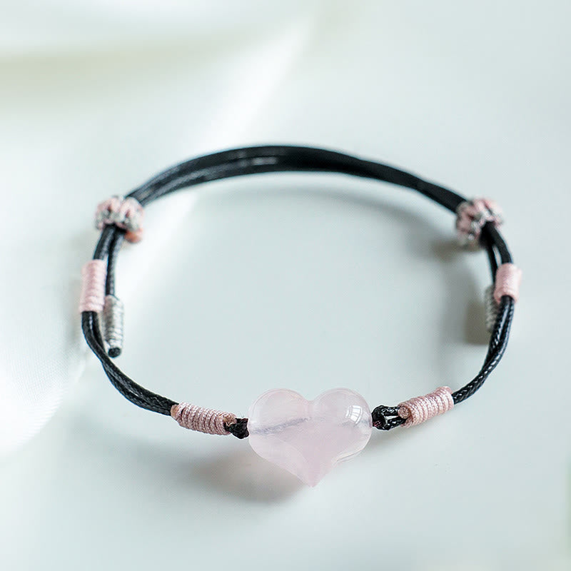 Buddha Stones Natural Heart Charm Pink Crystal Braided String Warmth Bracelet