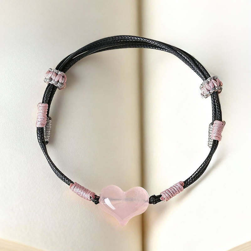 Buddha Stones Natural Heart Charm Pink Crystal Braided String Warmth Bracelet