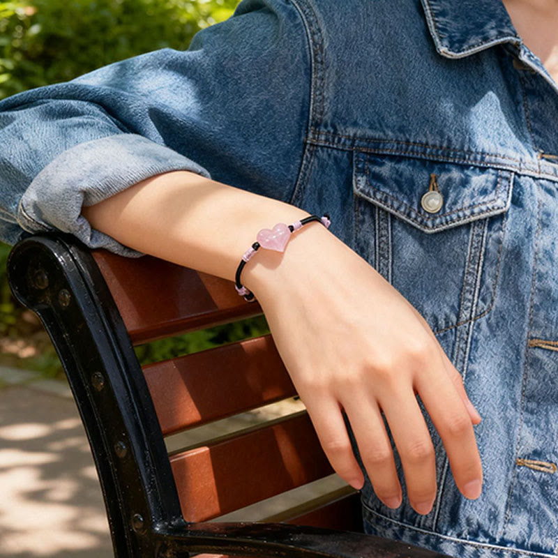 Buddha Stones Natural Heart Charm Pink Crystal Braided String Warmth Bracelet