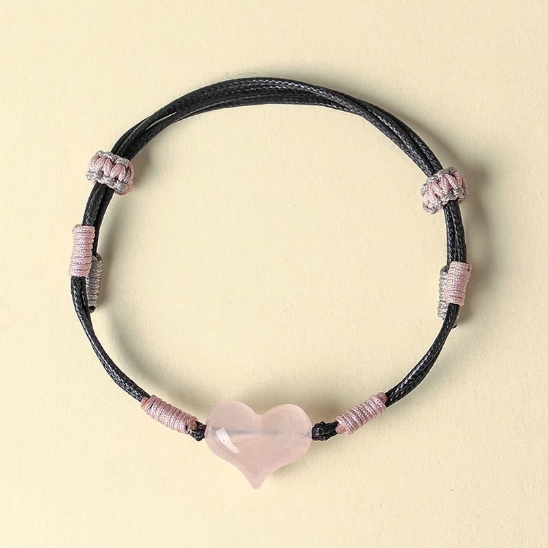 Buddha Stones Natural Heart Charm Pink Crystal Braided String Warmth Bracelet