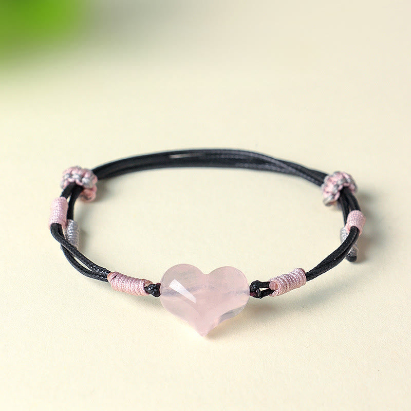 Buddha Stones Natural Heart Charm Pink Crystal Braided String Warmth Bracelet