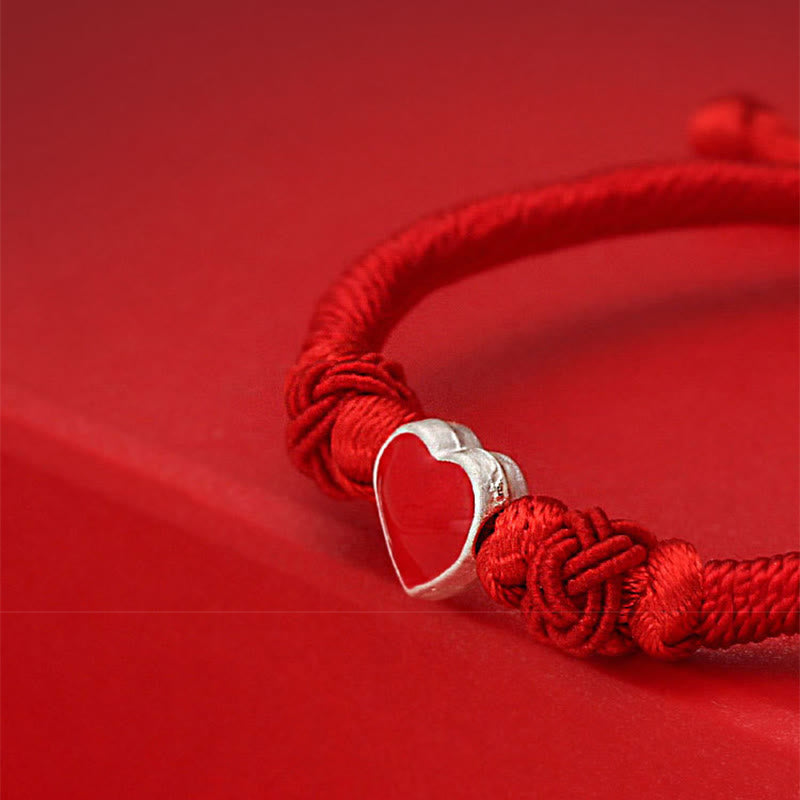 Buddha Stones 999 Sterling Silver 3D Heart Design Red String Connection Bracelet