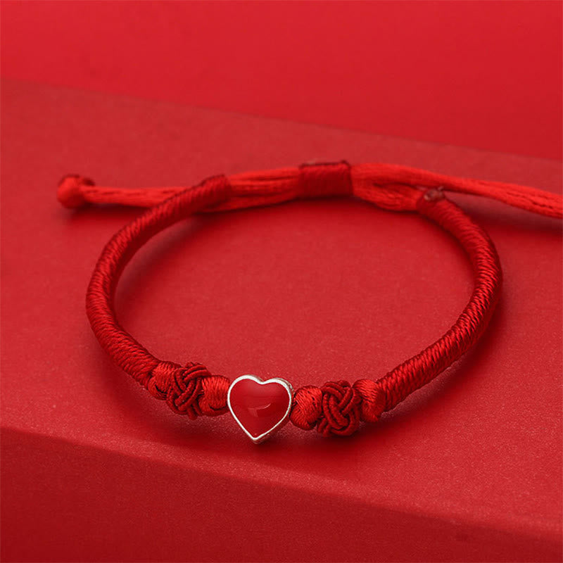 Buddha Stones 999 Sterling Silver 3D Heart Design Red String Connection Bracelet