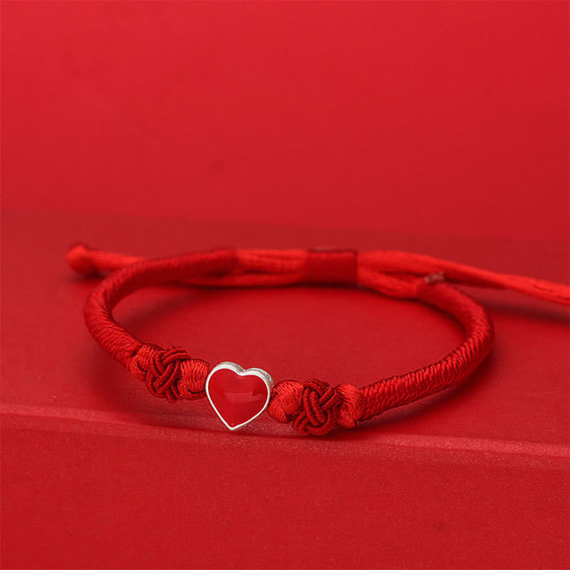 Buddha Stones 999 Sterling Silver 3D Heart Design Red String Connection Bracelet