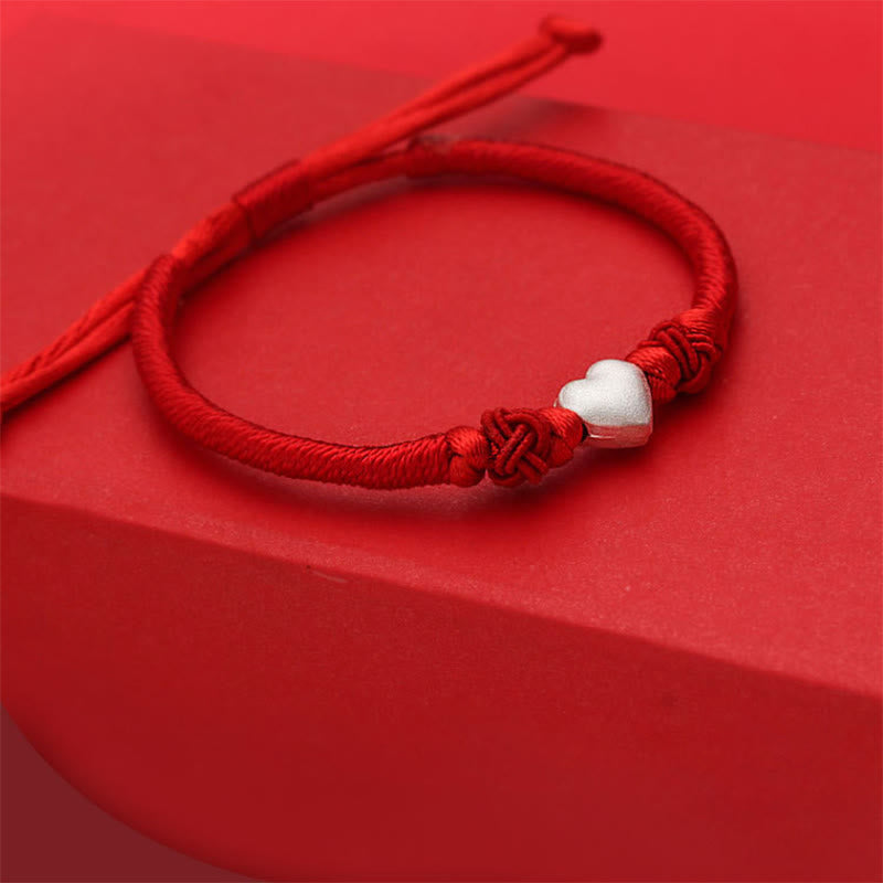 Buddha Stones 999 Sterling Silver 3D Heart Design Red String Connection Bracelet