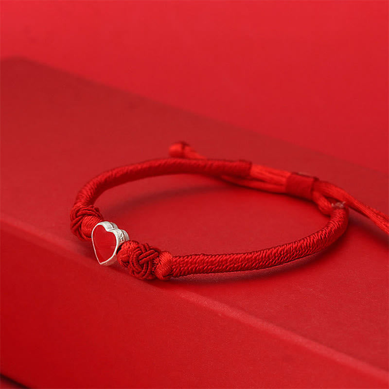 Buddha Stones 999 Sterling Silver 3D Heart Design Red String Connection Bracelet