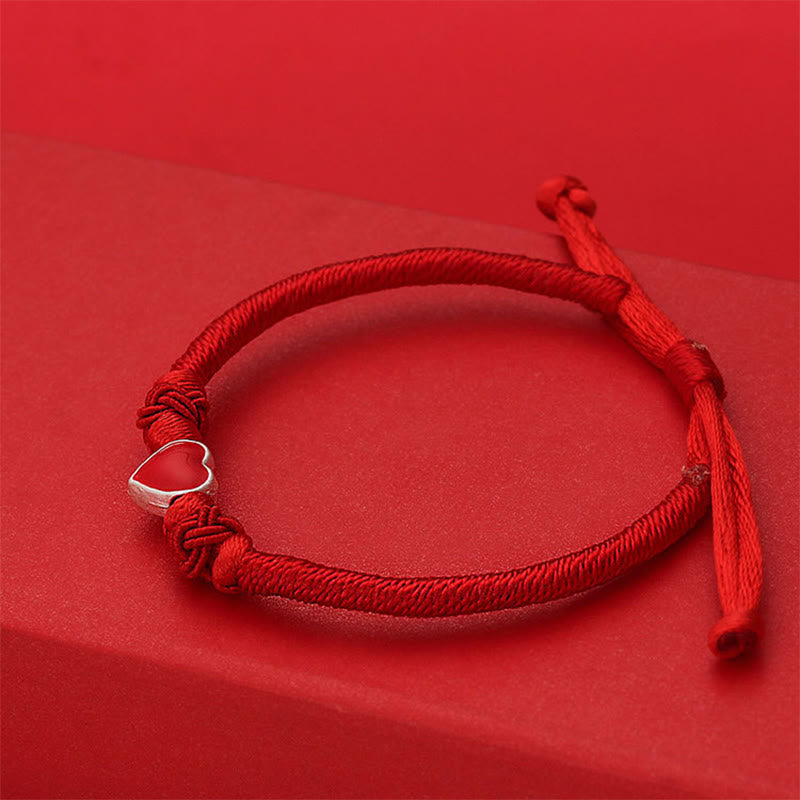 Buddha Stones 999 Sterling Silver 3D Heart Design Red String Connection Bracelet