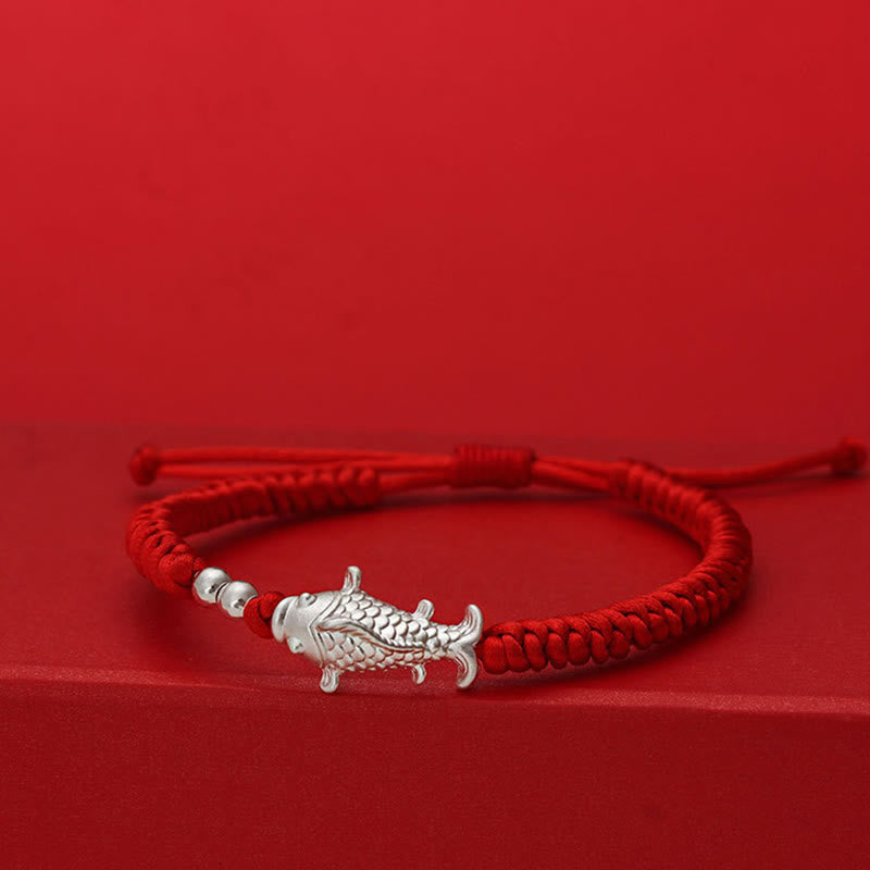 Buddha Stones 999 Sterling Silver Koi Fish Design 990 Sterling Silver Bead Red String Luck Bracelet