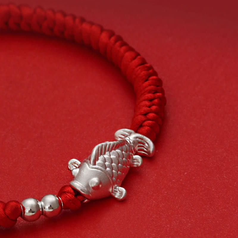 Buddha Stones 999 Sterling Silver Koi Fish Design 990 Sterling Silver Bead Red String Luck Bracelet