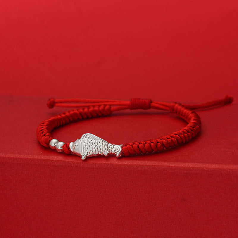Buddha Stones 999 Sterling Silver Koi Fish Design 990 Sterling Silver Bead Red String Luck Bracelet