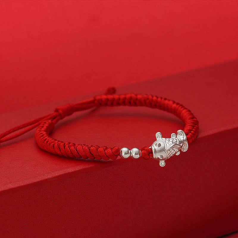 Buddha Stones 999 Sterling Silver Koi Fish Design 990 Sterling Silver Bead Red String Luck Bracelet