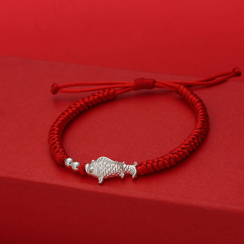 Buddha Stones 999 Sterling Silver Koi Fish Design 990 Sterling Silver Bead Red String Luck Bracelet