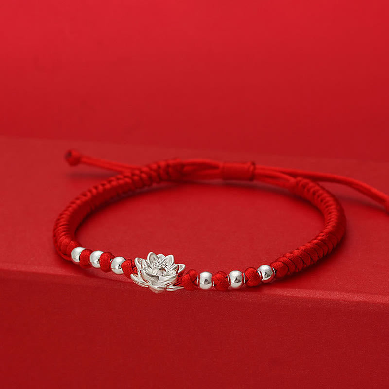 Buddha Stones 999 Sterling Silver Lotus Symbol 990 Sterling Silver Bead Red String Luck Bracelet
