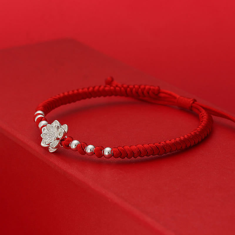 Buddha Stones 999 Sterling Silver Lotus Symbol 990 Sterling Silver Bead Red String Luck Bracelet