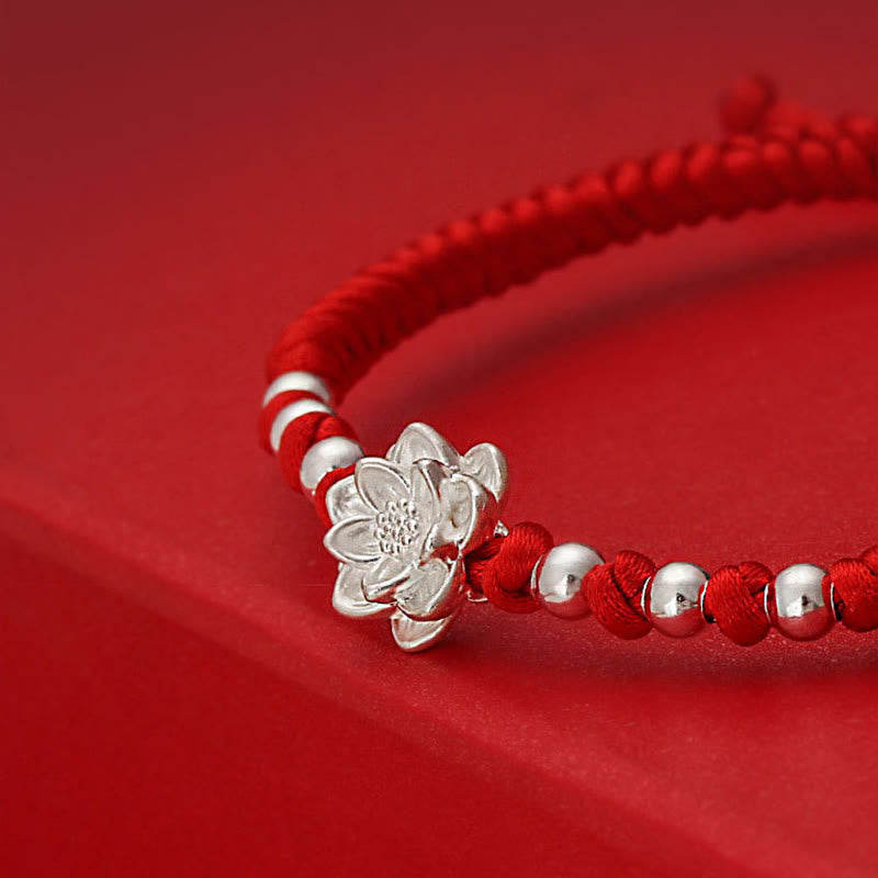 Buddha Stones 999 Sterling Silver Lotus Symbol 990 Sterling Silver Bead Red String Luck Bracelet