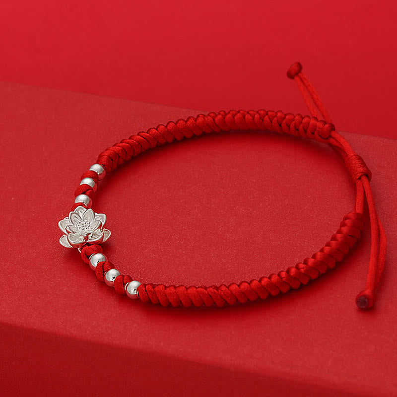 Buddha Stones 999 Sterling Silver Lotus Symbol 990 Sterling Silver Bead Red String Luck Bracelet