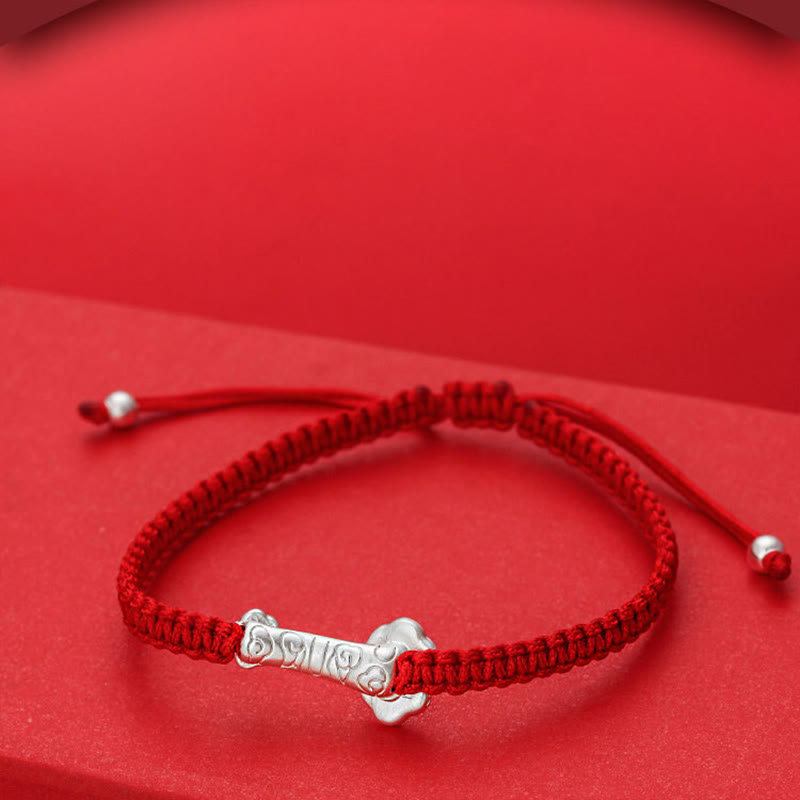 Buddha Stones 999 Sterling Silver Ruyi Fu Character Luck Red String Connection Braided Bracelet