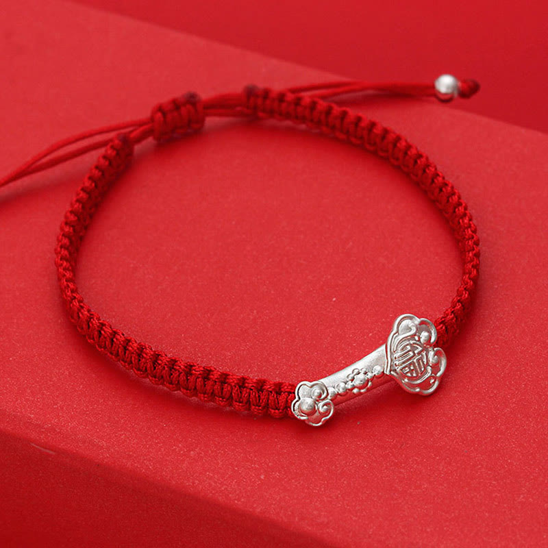 Buddha Stones 999 Sterling Silver Ruyi Fu Character Luck Red String Connection Braided Bracelet