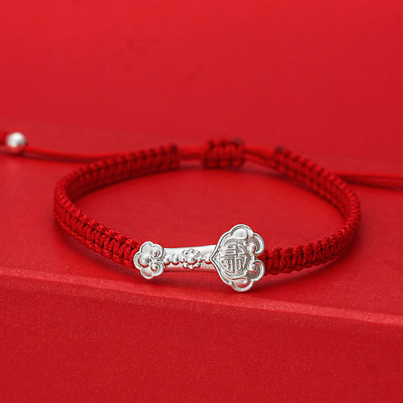 Buddha Stones 999 Sterling Silver Ruyi Fu Character Luck Red String Connection Braided Bracelet