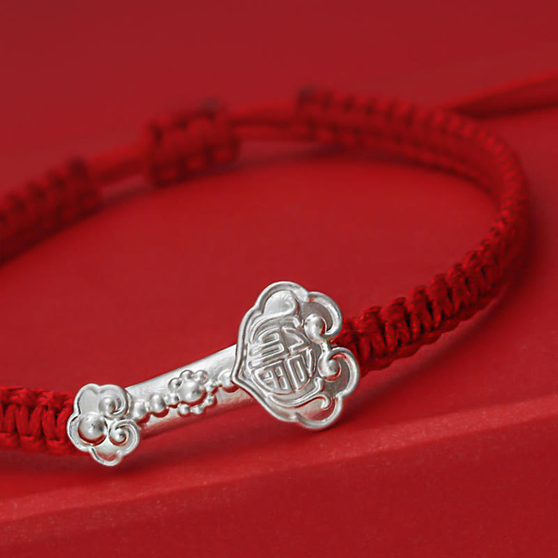 Buddha Stones 999 Sterling Silver Ruyi Fu Character Luck Red String Connection Braided Bracelet