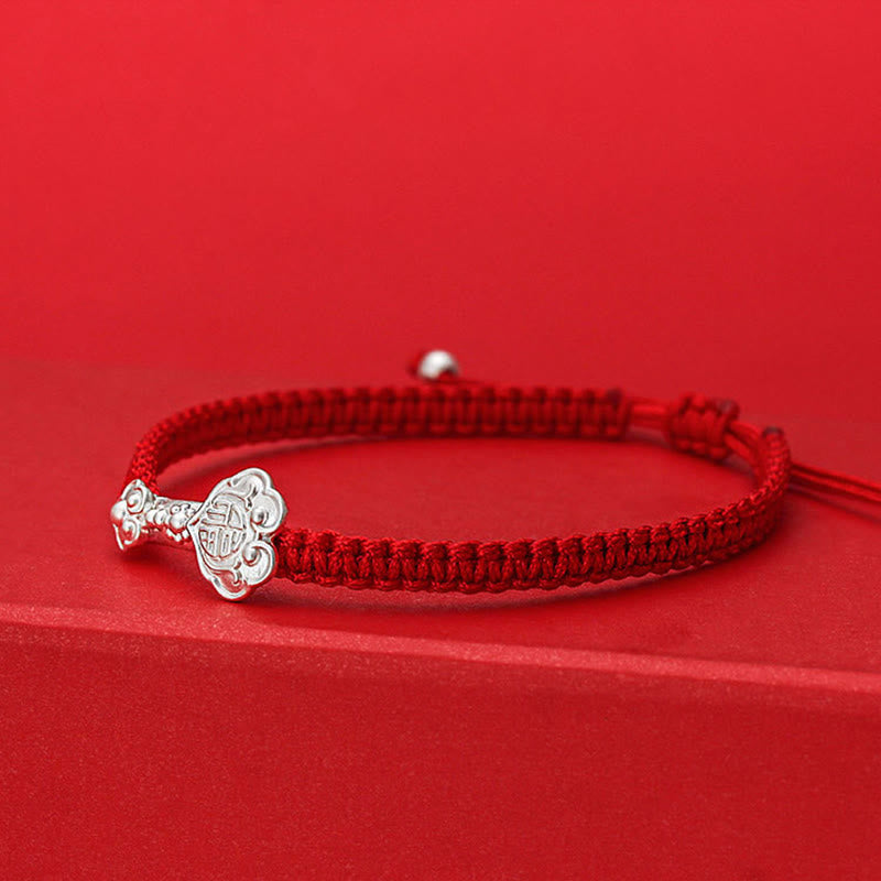 Buddha Stones 999 Sterling Silver Ruyi Fu Character Luck Red String Connection Braided Bracelet