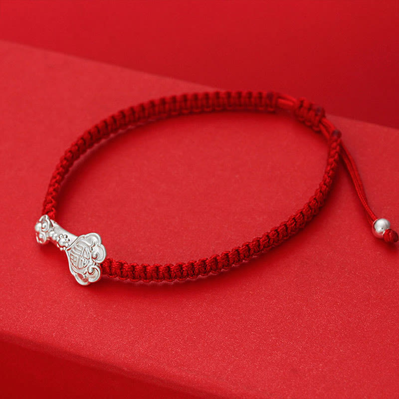 Buddha Stones 999 Sterling Silver Ruyi Fu Character Luck Red String Connection Braided Bracelet