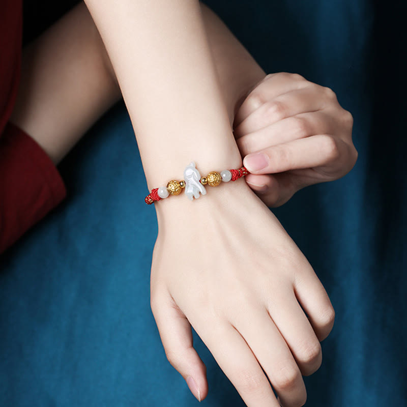 Buddha Stones Chinese Zodiac Jade Silver Beads Year Of The Horse Red String Luck Bracelet